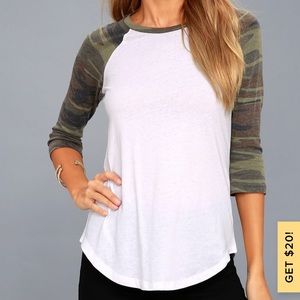 Charlie White and Green Camo Print Baseball Tee